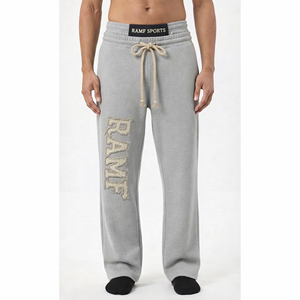 Pantalon de survêtement ample en coton personnalisé, coupe droite, jambe large, effet vieilli, patchs, délavé soleil, en molleton bouclette, double taille - Product Image 4