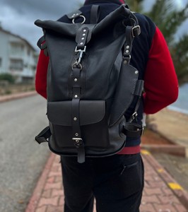 Ergonomic Leather <b>Roll</b> <b>Top</b> <b>Backpack</b> S-Curve Shoulder Straps Rucksack For Comfort Large Travel Bag LRTB-0195 - Product Image 1