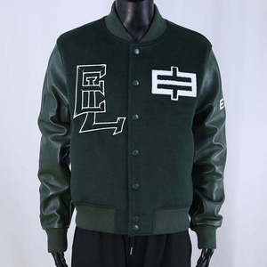 Custom Embroidery <b>Men's</b> Varsity <b>Jacket</b> PU Leather Sleeve Wool Letterman <b>Jacket</b> Vintage Streetwear Green <b>Baseball</b> Bomber Coat - Product Image 1