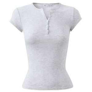 Gray <b>Women</b> <b>Henley</b> Solid Knitted Summer Polyester Slim Fit Short Sleeve T-<b>Shirt</b> Button Front Casual Quick Dry Daily Wear - Product Image 1