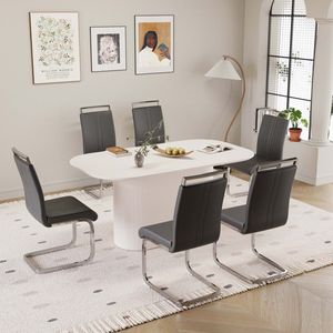 Set di 6 Sedie Senza Braccioli in Stile Moderno Medievale, in MDF e PU, Colore Crema, 63 Pollici Set da Pranzo in Metallo Placcato Argento da Assemblare per Sala da Pranzo - Product Image 3