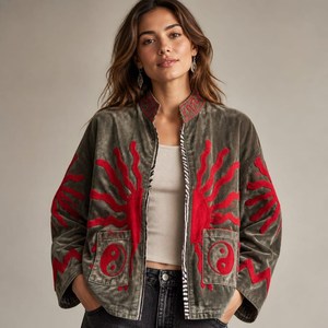 Veste en velours dynamique brodée soleil, manteau Suzani marron, veste d'art bohème rouge, idéale pour l'aventure et les vacances - Product Image 1