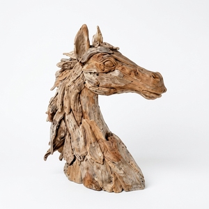 Handcrafted <b>wooden</b> horse head sculpture rocky <b>rustic</b> teak driftwood animal bust statue table floor accent decoration spaces unit - Product Image 1