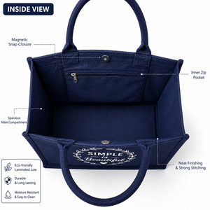 Simple Is Beautiful Jute Tote <b>Bag</b> Navy Blue Zipper Closure Hand Length Handle <b>Medium</b> <b>Size</b> Shopping <b>Bag</b> - Product Image 3