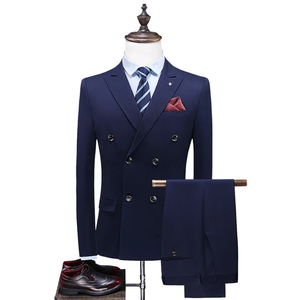 Costume d'affaires croisé pour homme en mélange de laine bleu, col à revers, devant plat, coupe droite, infroissable, tenue formelle - Product Image 5