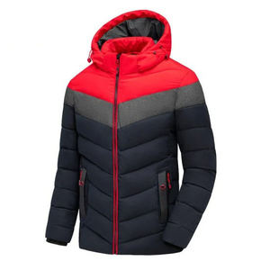 Men's <b>Hooded</b> Puffer <b>Jacket</b> <b>Red</b> Black Color Blocking Windproof Zipper Closure Casual Winter Coat Thick Polyester Wadding Regular - Product Image 5