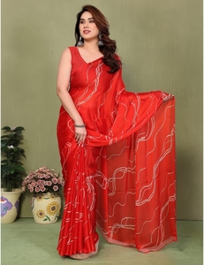 KV Women's <b>Red</b> Striped Leheriya Georgette Bollywood Style Saree With Unstitched <b>Blouse</b> - Product Image 6