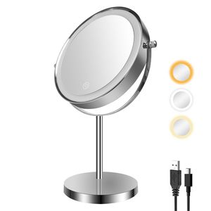 Miroir de maquillage LED de 8 pouces avec éclairage à 3 couleurs réglable, double face, grossissement 1X/10X, miroir de vanité avec couverture à 360 degrés - Product Image 1