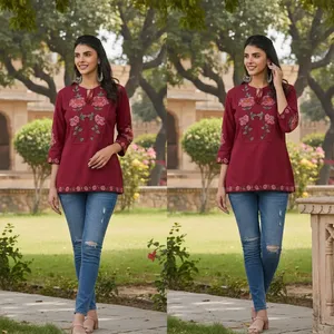 Blusa Túnica Bordada con Flores Color Borgoña para Mujer, Manga Tres Cuartos, Corte Holgado, Estilo Étnico Informal, para Uso Diario, Elegante y a la Moda - Product Image 2