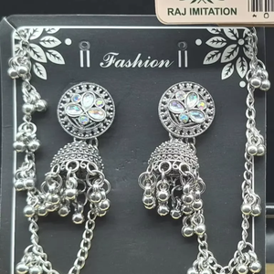 Oxidised <b>Silver</b> Flower Rhinestone Stud Jhumka <b>Earrings</b> With Attached Ghungroo Bahubali Hair <b>Chain</b> Set - Product Image 1