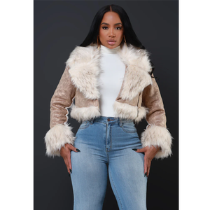 <b>Women's</b> Faux <b>Suede</b> Bomber <b>Jacket</b> With Fur Trim Collar And Cuffs Winter Thick Windproof Short Coat For <b>Women</b> - Product Image 3