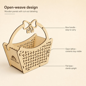 Laser Cut <b>Wooden</b> Gift <b>Basket</b> with Bow Handle, Openwork Woven Lattice <b>Wooden</b> Candy <b>Basket</b> for Wedding Favors - Product Image 3