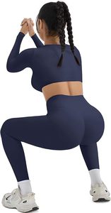 Women Seamless Yoga Set Square Neck Long <b>Sleeve</b> <b>Crop</b> <b>Top</b> High Waist Leggings Solid Color Breathable Activewear 2 Piece Set - Product Image 2