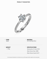 Bague de fiançailles et de mariage ajustable en argent S925 pour femme, design classique, avec pierre en moissanite 0,5 ct D VVS1