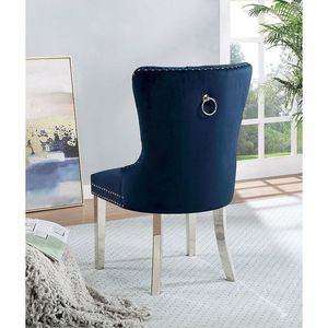 Set di 2 Sedie da Pranzo Contemporanee con Schienale Alto, Rivestite in Flanella Blu, con Bottoni Trapuntati - Product Image 5