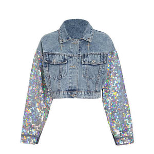 High Quality Women Clothing Fashion Washed Crop Denim <b>Jackets</b> <b>Sequins</b> Blue Denim <b>Jacket</b> Top Product - Product Image 1