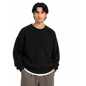 Men's Black Ribbed Knit Sweater Lantern Sleeve Front Pocket Solid Color 100% Acrylic Standard <b>Thickness</b> Knitted Sweaters - Product Image 4