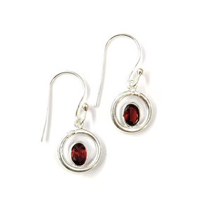 Dainty Garnet Halo Earrings Set in Polished 925 Silver Minimalist Circle Dangles January Birthstone Gift for <b>Wife</b> - Product Image 2