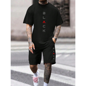 Ensemble t-shirt décontracté à manches courtes et col rond imprimé lettres et short à taille élastiquée pour homme grande taille – Collection été - Product Image 1