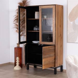 Buffet à façade vitrée style Vandana Autumn Tone, modèle Olonie en teck naturel, acacia et métal noir - Product Image 6