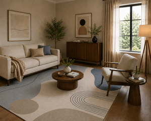 Tapis élégant en laine de Nouvelle-Zélande tufté à la main avec un motif circulaire croisé bleu sarcelle et beige pour salon, chambre et hôtels - Product Image 3