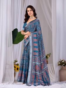 Traditional Indian Saree with Digital Print Blue <b>Red</b> Pattern Floor-Length Women's Wedding Wear Regular Fit Quick Dry All Season - Product Image 1