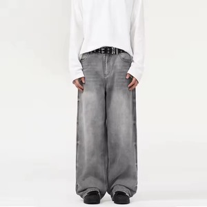 Factory Customization Men's Loose <b>Plain</b>-color Custom-logo Jeans, Retro Style, <b>Large</b> Size Denim Pants - Product Image 1
