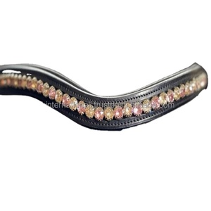 Handmade Soft Comfortable Padding & <b>Stitching</b> Empty Channel Leather Horse Brow Band Customized with Light Rose & Silk <b>Crystals</b> - Product Image 1