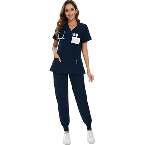 Ensemble d'uniformes médicaux classiques : Blouse à manches courtes et pantalon à cordon, confortable et respirant en tissu tricoté pour hôpital et clinique - Product Image 1