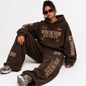 Ensemble sweat à capuche et pantalon large marron pour femme Vocksin Exports, 100 % coton, style streetwear, coupe ample, longueur intégrale, fermeture à cordon - Product Image 2