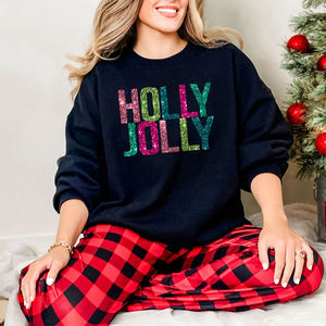 OEM Custom Chenille Glitter Embroidery Christmas Letter Sweatshirt Loose Fit Casual O-Neck Holly Jolly Holiday <b>Pullover</b> Tops - Product Image 2