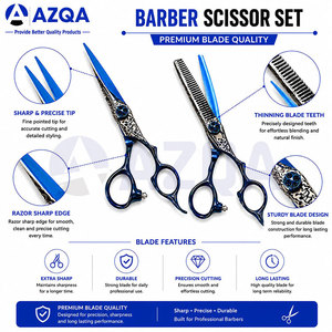 Stainless Steel Blue Hair Cutting And <b>Thinning</b> Scissors Set With Decorative Pattern Adjustable Screw And Finger <b>Ring</b> Handles - Product Image 5