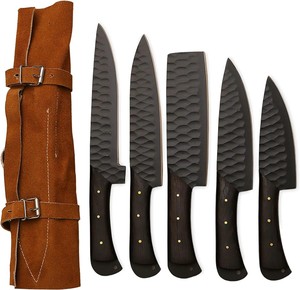 Ensemble de couteaux de chef en acier inoxydable forgé en 5 pièces, sac en cuir, poignées ambidextres, lames durables et affûtées, finition enduite de poudre - Product Image 5