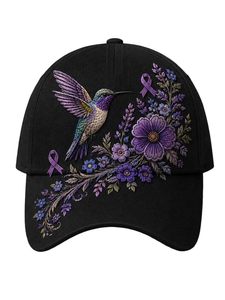 <b>Purple</b> Hummingbird Floral Embroidered Baseball Cap Unisex Adjustable 6-Panel 100% Polyester Breathable Waterproof Party Four - Product Image 4