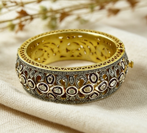 Women's 22K Gold Plated Diamond Bangle With Oval Cut Stones Classic Floral Design Wedding Jewelry - Product Image 1