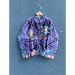 Unisex Short Suzani <b>Velvet</b> Jacket with Floral Embroidery Stand Collar and Cotton Lining for Spring Season - Product Image 5