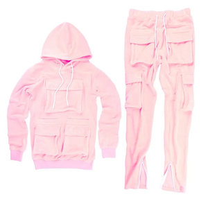 Unisex <b>Pink</b> Cargo Hoodie and Cargo Jogger Set Multi Pocket Pullover Hooded <b>Tracksuit</b> Casual Streetwear Two Piece Outfit - Product Image 1