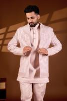 Blazer Jodhpuri de luxe pour homme en quartz rose, tissu TR Lachko, motif vague linéaire, séquence de perles multi-tailles, pour mariage et soirée