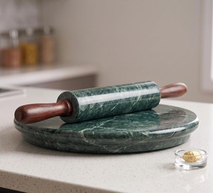 Ensemble de planches à rouler en marbre vert Chakla Belan avec poignée en bois, planche à rouler lourde et antidérapante pour faire des roti, des chapati, des paratha et des pizzas - Product Image 6