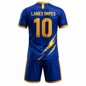 ชุดฟุตบอลผู้ชายแบบกำหนดเอง ชุดเสื้อและกางเกงฟุตบอลสีน้ำเงินและสีทองสุดเท่ ระบายอากาศได้ดี พร้อมโลโก้ส่วนตัว - Product Image 3