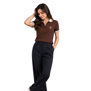 Polo à manches courtes avec bordure contrastée marron et pantalon plissé noir à jambes larges, tenue décontractée élégante pour femmes - Product Image 6
