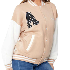 Beige White Varsity Jacket With Letter A Embroidery Preppy Style Regular Fit Turn-down Collar Single Breasted Men's Jackets - Product Image 5