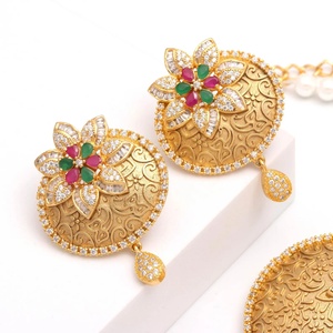 RAY FINE ORNATES <b>Ruby</b> Pink Bridal <b>Necklace</b> Set Brass 22K Gold Plated Vintage IGI Certified Luxury Indian Wedding Jewelry Setting - Product Image 3