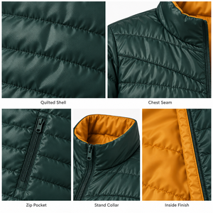 <b>Men's</b> Dark Green Puffer <b>Jacket</b> With Orange Lining Stand Collar Zipper Closure Windproof Casual Winter Wear - Product Image 5
