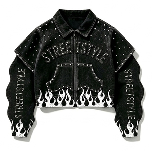 Y2K Rhinestone Flame Denim Solid Set Women Cropped Layered <b>Jacket</b> Wide Leg Jeans <b>Gothic</b> Cross Studded Black Vintage Streetwear - Product Image 4