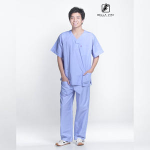 เสื้อสครับคอวีสีดำ แขนสั้น มีกระเป๋าใช้งานได้จริง 3 ช่อง สำหรับบุรุษ/สตรี ใช้ในโรงพยาบาล/ห้องปฏิบัติการ/คลินิก BELLA VITA ผ้า Air Flexcotton 65% โพลีเอสเตอร์ - Product Image 1