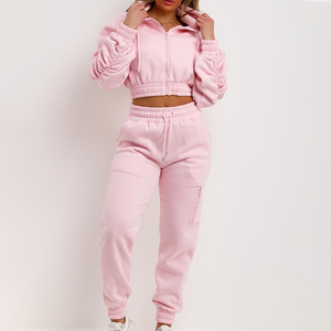 Conjunto Deportivo Rosa para Mujer, Top Corto con Capucha, Pantalones Largos, Color Sólido, Estilo Casual Holgado, Ropa Deportiva para Otoño - Product Image 1