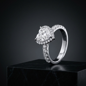 Bague de fiançailles solitaire en forme de cœur avec halo de diamants de laboratoire et pavé de diamants taille ronde en or blanc 10k, 14k, 18k - Product Image 2