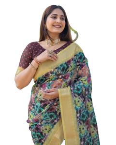 Nuevo diseñador Heavy Linen Digital Impreso con Golden Jacquard Border Colección de Fancy Silk Sari para ropa India pakistaní - Product Image 1