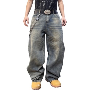 Pantalones Vaqueros Anchos de Mezclilla Lavada a la Piedra, Cintura Alta, Corte Holgado, Estilo Urbano, Pantalones de Algodón para Hombre con Detalle de Cadena en el Cinturón - Product Image 1